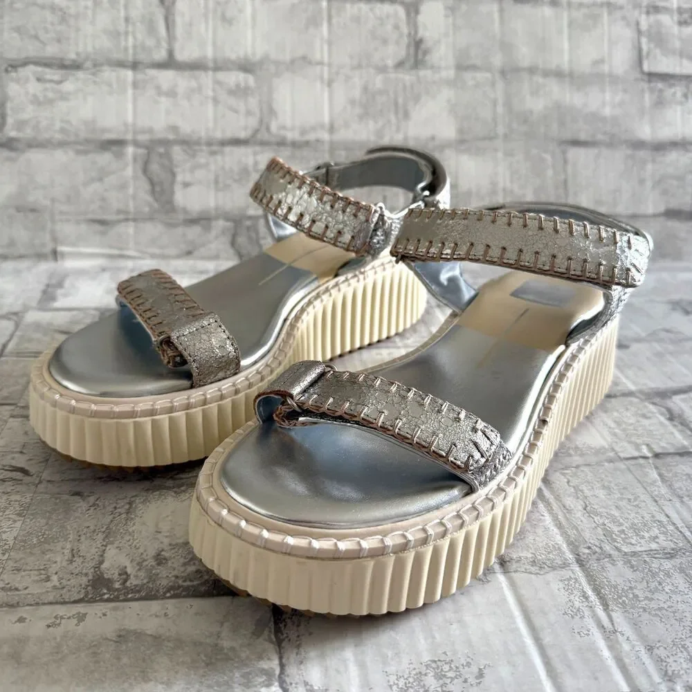Dolce Vita Debra Silver Leather Whipstitch Chunky Platform Slingback Sandal Sz 9 - Picture 2 of 7